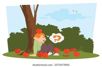 Apples fell cute boy. Funny people. Illustration concept template for website, web landing page, banner, presentation, social, poster, promotion or print media.