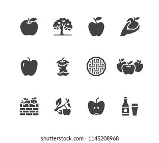 Apples flat glyph icons. Apple picking, autumn harvest festival, craft fruit cider illustrations. Signs for organic food store. Solid silhouette pixel perfect 48x48.