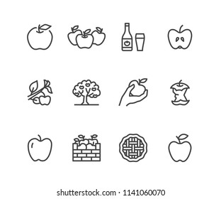 Apples flat line icons. Apple picking, autumn harvest festival, craft fruit cider illustrations. Thin signs for organic food store. Pixel perfect 48x48. Editable Strokes.