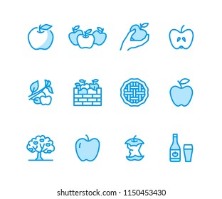 Apples flat line icons. Apple picking, autumn harvest festival, craft fruit cider vector illustrations. 