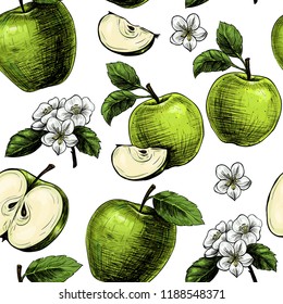 Apples  and flowers. Vector seamless pattern