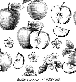 Apples  and flowers. Vector seamless pattern