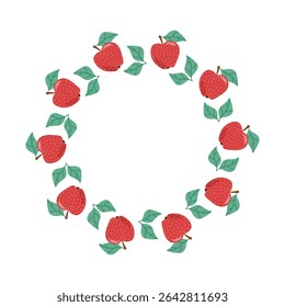 Apples fruit. Banner, round frame. Doodle, colorful icons, illustration for menu design, bar, cafe, recipes, restaurant. Handwritten font. Place for text. Illustration, isolated background.