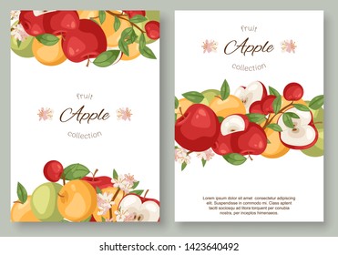 Apples fruit collection set of posters vector illustration. Bright colorful orchard or garden product. Healthy fresh and organic food. Apple brochure book cover of different color and shape.