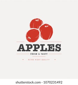 Apples fruit Hand Drawn Design Element in Vintage Style for Logotype, Label, Badge and other design. Fruits retro vector illustration.