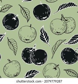 Apples fruit and leaves. Seamless vector pattern. black silhouette and outline elements on green background. Hand drawn illustration for design packaging, textile, wallpaper, fabric