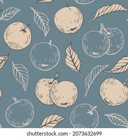 Apples fruit and leaves,Seamless vector pattern. Beige silhouette and outline elements on blue-grey background. Hand drawn illustration for design packaging, textile, wallpaper, fabric