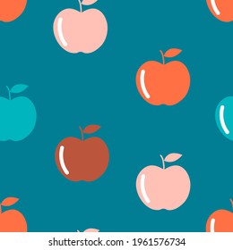 Äpfel Früchte auf blauem Hintergrund für Stoffdruck, Textilien, Kissen, Tapeten. Moderner, süßer, nahtloser Druck. Vektorgrafiken.