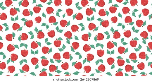Apples, fruits, leaves. Seamless pattern. Harvest, garden. Colorful icons. Food vegetarian, healthy eating. Flat illustration, natural repeating background.