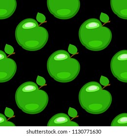 Apples. Fruits. Seamless pattern Green elements black background