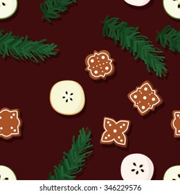 Apples, gingerbread and fir branches vector background