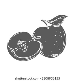 Apples glyph icon vector illustration. Stamp of whole ripe fruit with leaf and apple cut into half with core and stem, raw dessert for organic vegetarian diet and group of healthy snack portion