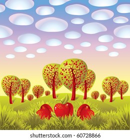 Apples in a grass, fruit trees landscape, left to right seamless