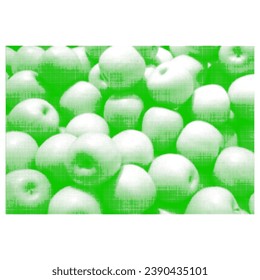 Apples of green color, many pieces, ripe, piled in bulk, from brown circle dots of different sizes on white background