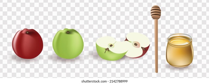 Apples are green and red, whole and cut. Honey on a transparent background