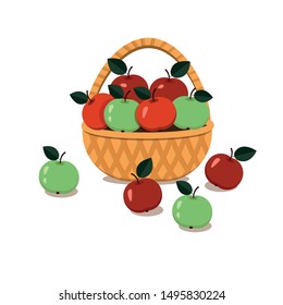 Apples green and red in a wicker basket. isolated on white background. Vector graphics