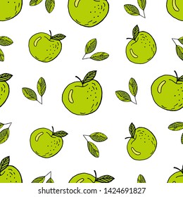 Apples green vector seamless pattern white background.