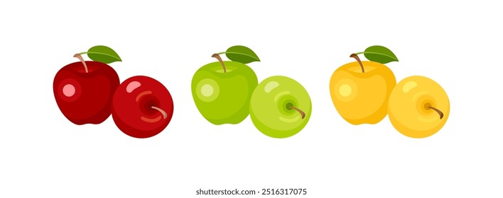 Maçãs de cores verde, amarela e vermelha. Ilustração plana em desenho animado de vetor. Conjunto de ícones de frutas frescas. 