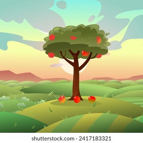 Apples are growing. Mature fruit tree with ripe fruits. Cartoon fun style. Rural landscape with vegetable gardens and meadows. Flat design. Vector