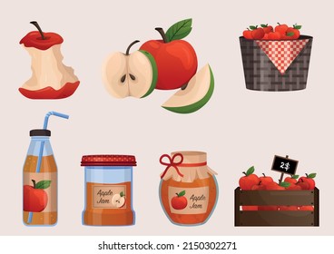 Apples harvest large collection. Red apples on branch, in basket, juice, jam, marmalade, pastila. Slice of apple. Fruits. Vector illustration