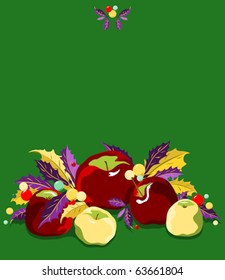 Apples with holly on green background