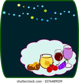 apples and honey, bread and wine, red wine, sweet food for the new year.  On a black background, for invitation cards, celebrations, decoration, Jewish religious holidays, festival