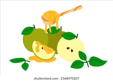 Apples with honey. Honey dipper with honey. Vector simple color flat illustration.