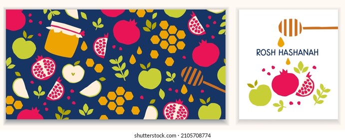 Apples with honey and pomegranates for Rosh Hashanah. Vector banner and card in trendy style