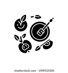 Apples and honey pot black glyph icon. Traditional celebratory dish. Rosh Hashanah traditions. Jewish New Year Day. Festive meal. Silhouette symbol on white space. Vector isolated illustration