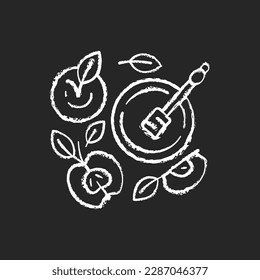 Apples and honey pot chalk white icon on black background. Traditional celebratory dish. Rosh Hashanah traditions. Jewish New Year Day. Festive meal. Isolated vector chalkboard illustration