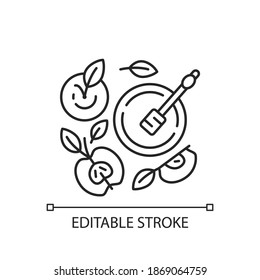 Apples and honey pot linear icon. Traditional celebratory dish. Rosh Hashanah traditions. Thin line customizable illustration. Contour symbol. Vector isolated outline drawing. Editable stroke