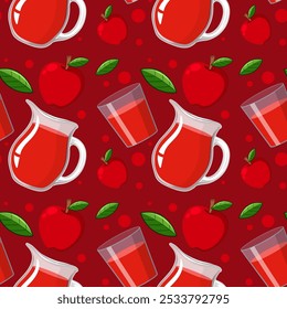 Apples, juice pitchers, and leaves on red background