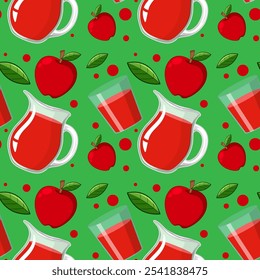 Apples, juice pitchers, and leaves on green background