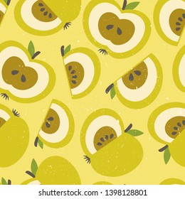 Apples and leaves background. Hand drawn overlapping backdrop. Colorful wallpaper vector. Seamless pattern with fruits. Decorative illustration, good for printing. Design poster