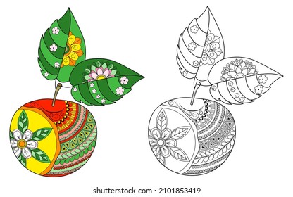 Apples and leaves with a doodle pattern on a white background. Anti-stress coloring book for children and adults. Decorative element for design