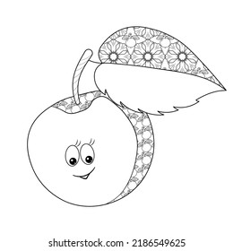 Manzanas y hojas con un patrón de doodle sobre un fondo blanco. Libro de colorantes antiestrés para niños y adultos. Elemento decorativo para el diseño