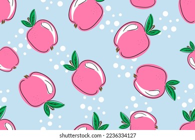Apples and leaves on blue background. Colorful seamless pattern vector.