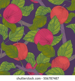 apples and leaves on branches hand drawn seamless pattern