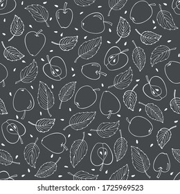  Apples and leaves on gray background. Monochrome Seamless pattern. Hand drawn digital paper. Doodle sketch. Blackboard. For logo, wallpaper, fabric, packing, wrapping, logo