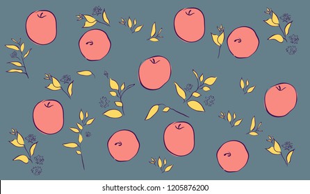 Apples and  leaves. Pattern with plants and fruits. Vector illustration, which can be used for tile, desktop wallpaper, surface textures, textile.