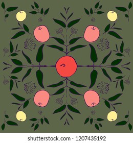 Apples and  leaves. Pattern with plants and fruits. Vector illustration, which can be used for tile, desktop wallpaper, surface textures, textile.