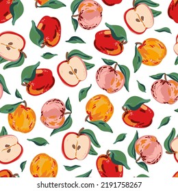 Apples and leaves vector seamless pattern. Red, yellow, pink juicy fruits summer texture for paper, cover, fabric, gift wrap, wall art, interior decoration.