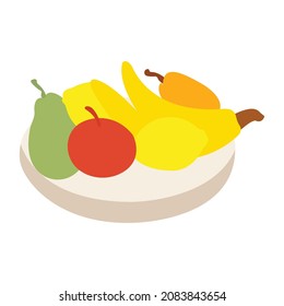 apples, lemons, bananas, pears in a container, accompanied by a white background