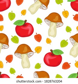 Apples, mushrooms and leaves seamless pattern, cartoon hand drawing, colorful autumn forest background. For the design of children's prints, fabric, bright cute wallpapers. Vector illustration