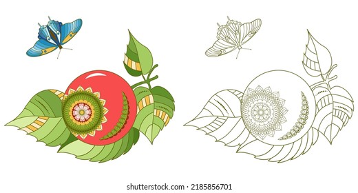 Apples on a branch. Simple contour drawing. Coloring book for children. Decorative element for printing