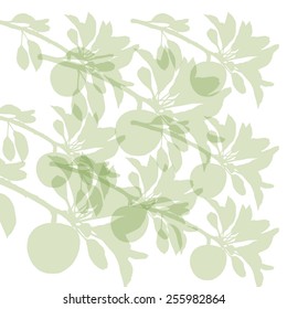 Apples on branches with foliage silhouette. Vector illustration. 