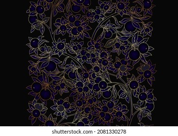Apples on branches Seamless pattern, background. Vector illustration. In botanical style in gold and black colors.