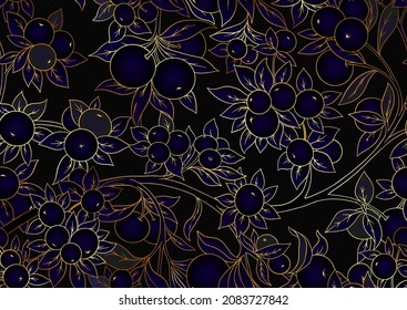 Äpfel auf Ästen Nahtlose Muster, Hintergrund. Vektorgrafik. Im botanischen Stil in Gold und Schwarz.