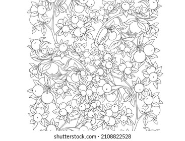 Apples on branches Seamless pattern, background. Outline Vector illustration.