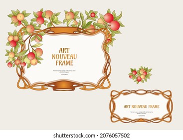 Apples on branches Template for product label, cosmetic packaging. Easy to edit. Vector illustration. In art nouveau style, vintage, old, retro style.